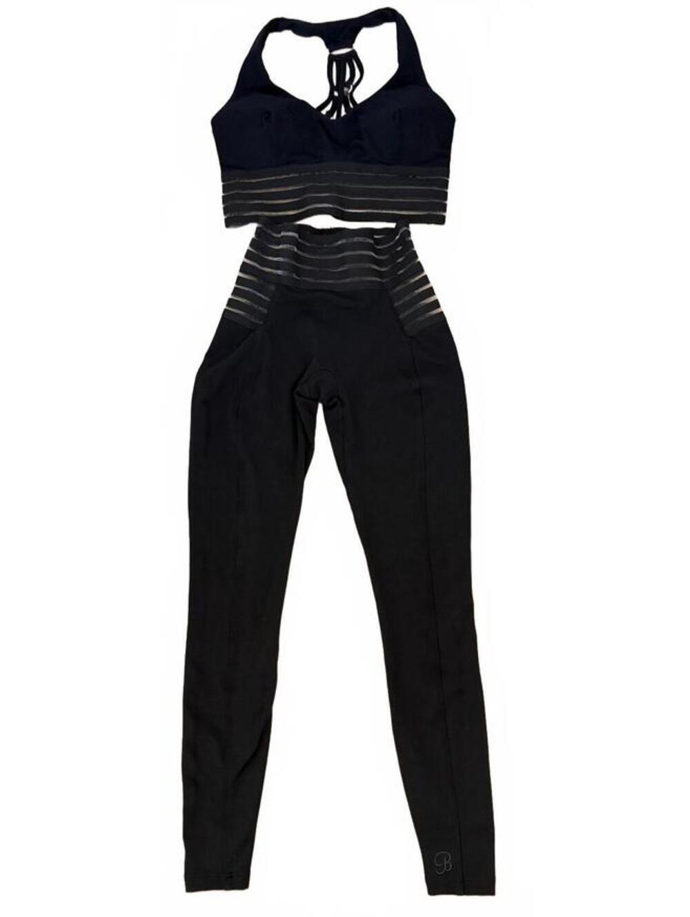 Bombshell Sportswear Black Activewear Set Sheer Striped Leggings (XS) & Bra (S)